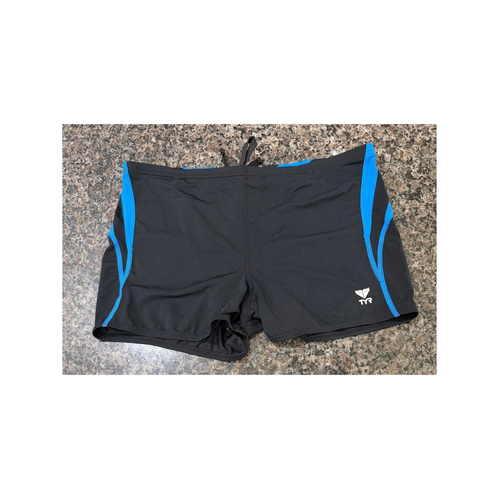 TYR Mens Square Leg Swim Trunks Black Blue Drawstring Swimsuit Training Shorts